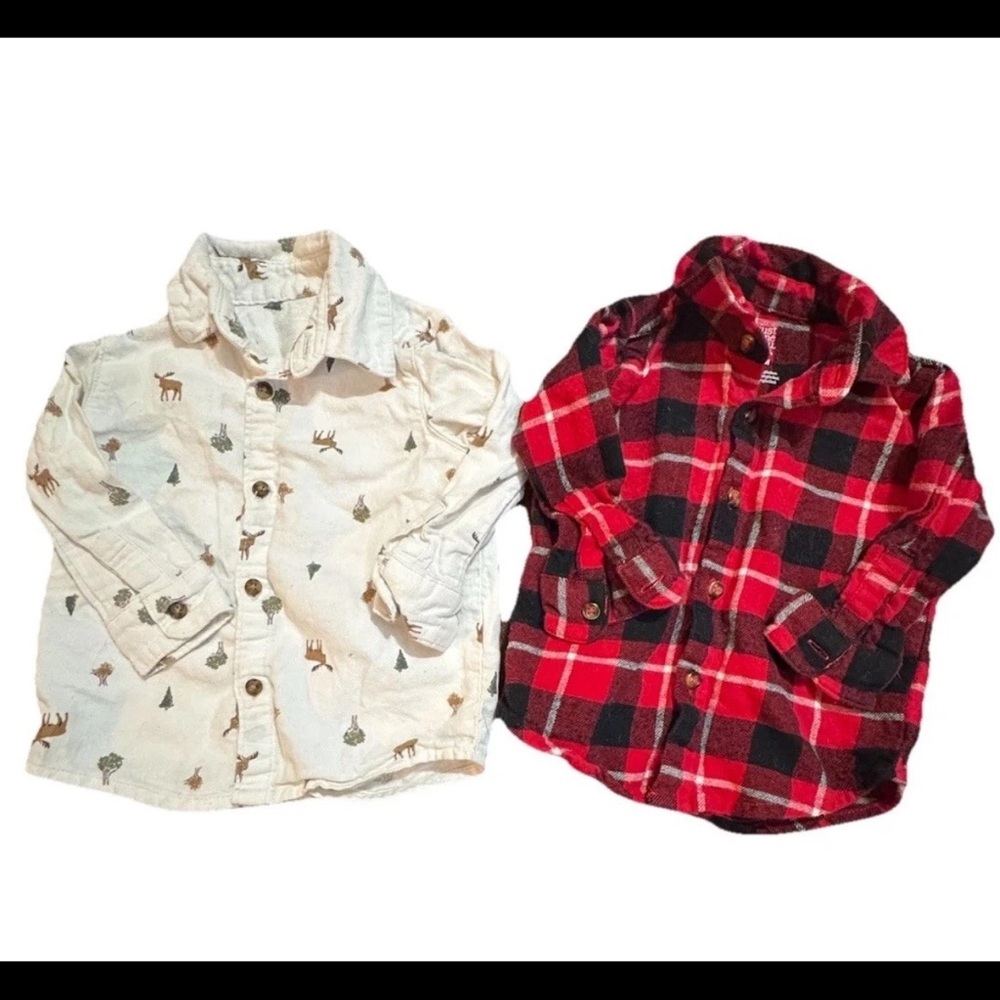 Baby Boys Button Down Long Sleeve Red Plaid & Outdoor Print Dress Shirts Carters